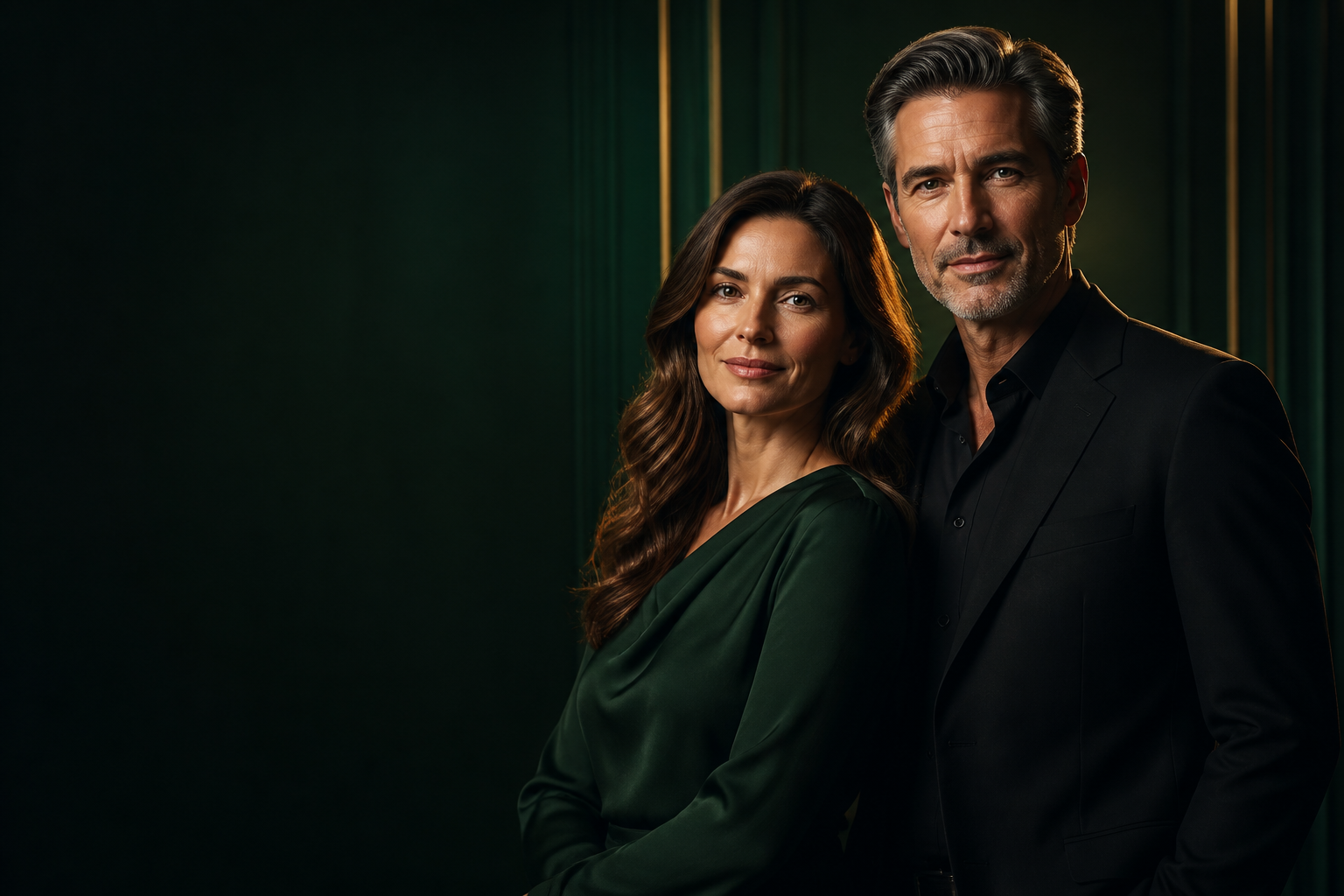 A woman in a deep green dress and a man in a black suit, both in their forties, standing together in warm light against a dark emerald and gold backdrop